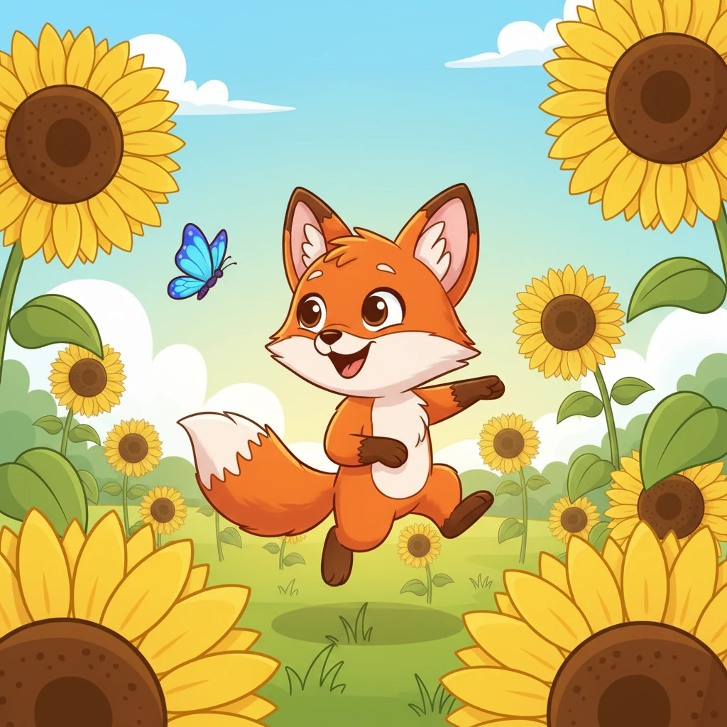 Pip, a fluffy orange fox kit with sparkling eyes, bounced through a field of tall, swaying sunflowers. She chased a bright blue butterfly, her tail wagging with pure joy, feeling the warm sun on her whiskers. The world was a vast, wonderful place, full of exciting discoveries.
