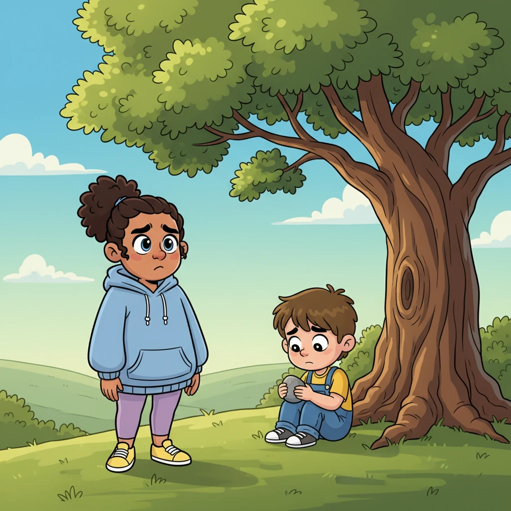 Pip felt a little sad, her ears drooping slightly. She saw Barnaby sitting alone under a big oak tree, clutching a tiny, smooth pebble. He looked small and lonely, his brow furrowed, as if worried the pebble, or Pip, might disappear forever.