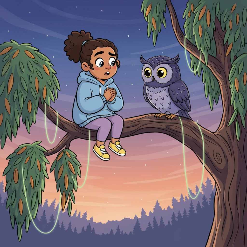 Later, Pip found her way to the highest branch of the Whispering Willow, where Ollie the wise old owl often rested. Ollie had feathers the color of twilight and eyes that saw many things. Pip softly shared her feelings, her voice a tiny whisper.