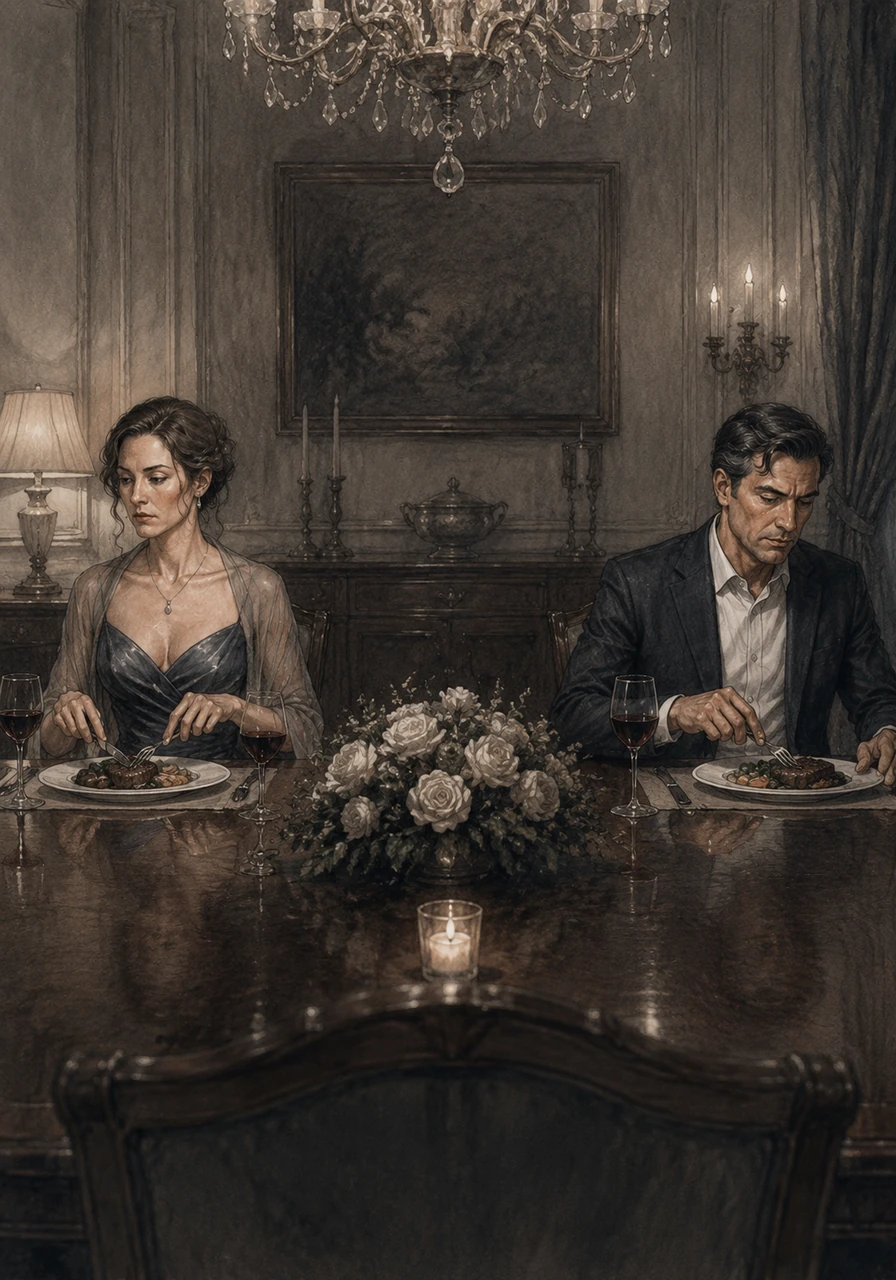 Helena sits across from her husband at the dinner table, the clinking of silverware the only sound in the suffocating silence. Their eyes never meet, reflecting the vast emotional distance that has grown between them over the years.