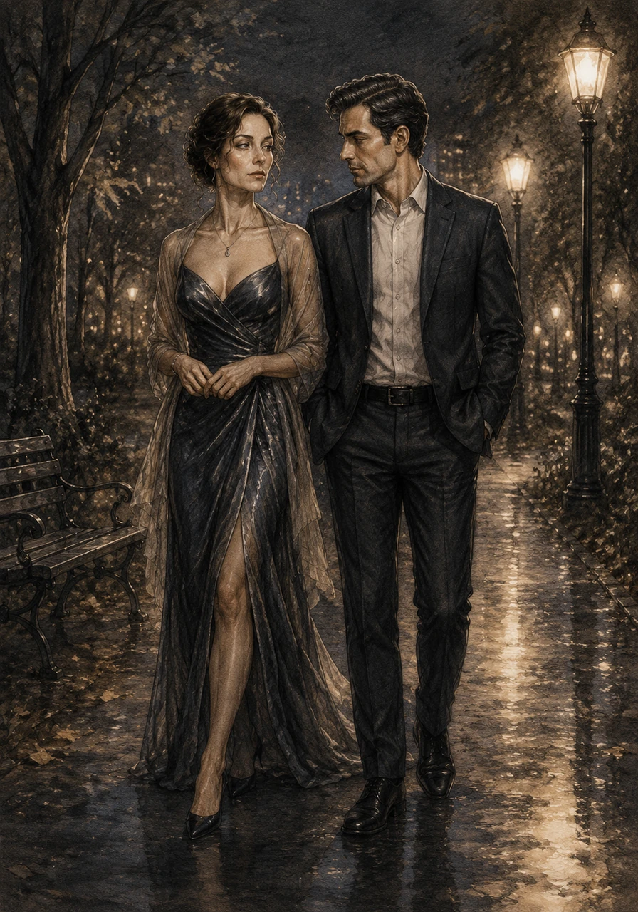 Under the soft, hazy glow of city streetlights, Helena and Julian share a clandestine walk through a deserted park. The air is thick with the electricity of the forbidden, and for a moment, the rest of the world ceases to exist.