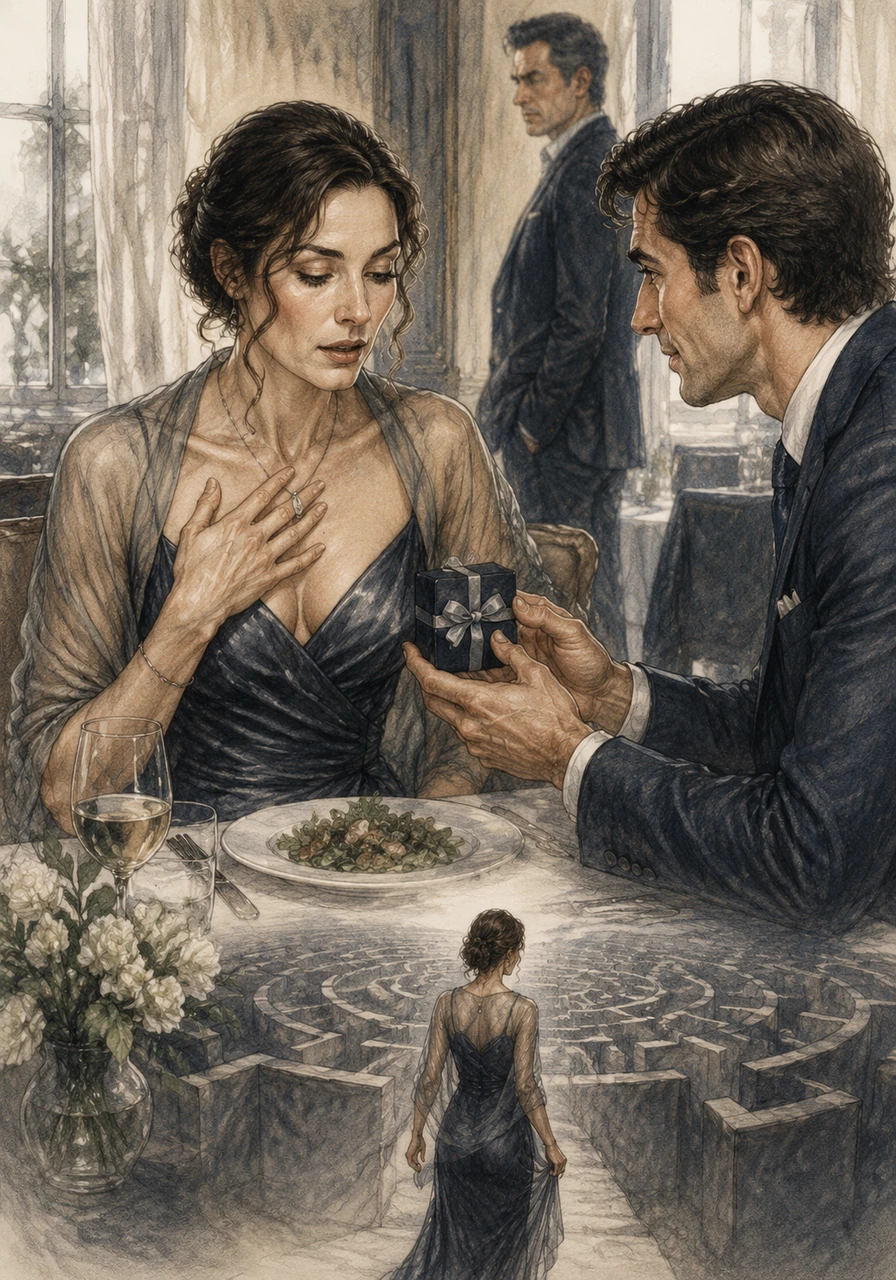 Julian surprises Helena with a small, thoughtful gift during a hidden lunch date, making her heart race. She realizes she is falling deeper into a labyrinth of her own making, where every step forward is a step away from her old life.