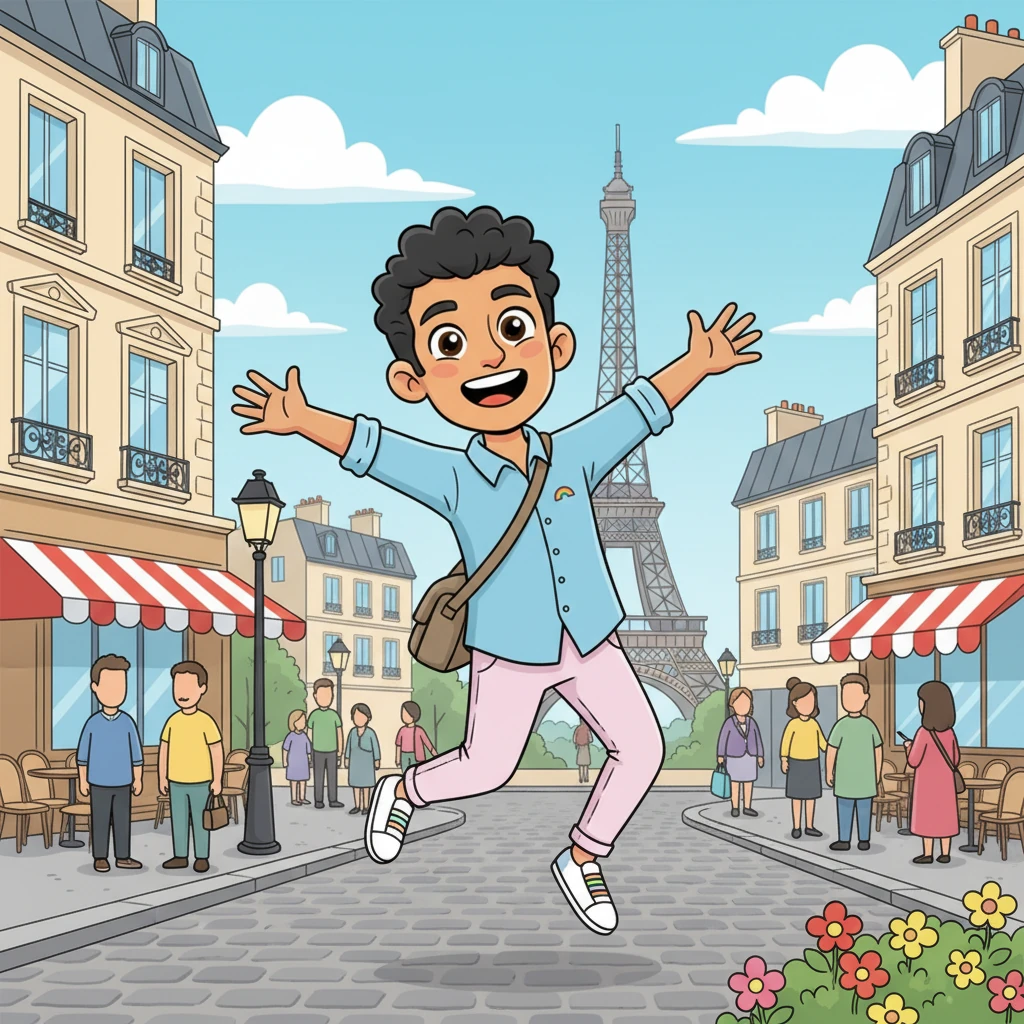 Salah atterrit en France, le cœur léger et l'esprit rempli d'espoir. Les rues animées de Paris l'accueillent, promettant une nouvelle vie où il pourrait enfin être lui-même, libre et épanoui. Un sourire radieux illumine son visage alors qu'il respire l'air frais de cette ville nouvelle, prêt pour l'aventure.