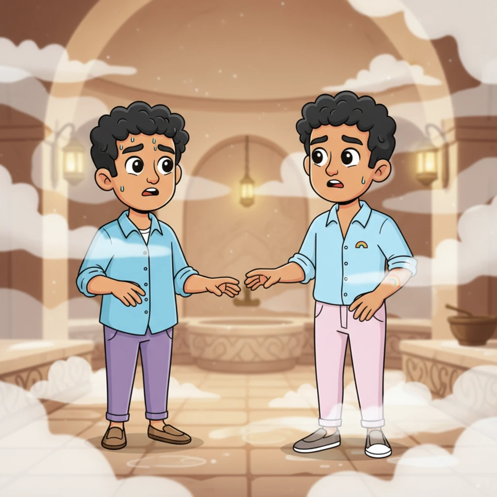 Le jour du rendez-vous, Salah et Mohamed arrivent au hammam, le cœur battant à l'unisson. La vapeur chaude et l'ambiance tamisée créent une atmosphère enveloppante, rendant difficile de distinguer les visages. Ils se cherchent du regard, un peu nerveux mais remplis d'anticipation.