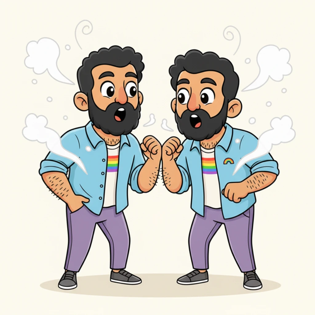 Alors qu'ils se rapprochent, la vapeur se dissipe légèrement, révélant des traits familiers. Les barbes noires et touffues, les corps musclés et poilus – la ressemblance est frappante. Leurs yeux s'écarquillent de stupeur : c'est leur cousin ! Une onde de choc les traverse.