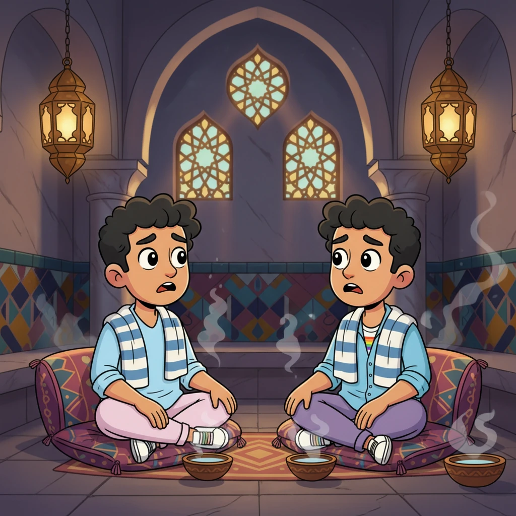 Assis l'un en face de l'autre dans l'ambiance feutrée du hammam, Salah et Mohamed échangent des regards incrédules. Le silence pèse, rempli de questions sans réponse. Leurs cœurs battent fort, non plus d'excitation, mais d'une confusion douce-amère. Que faire maintenant, face à cette rencontre si inattendue et si profondément enracinée dans la famille ?