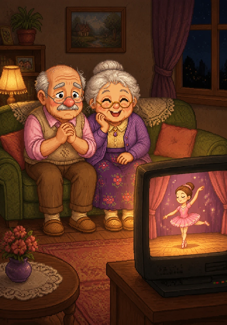 Grandad Arthur and Granny sit together on their cozy sofa, watching a video of their granddaughter Estelle performing a beautiful ballet dance. They smile with pride as the glow of the television fills the room with warmth.