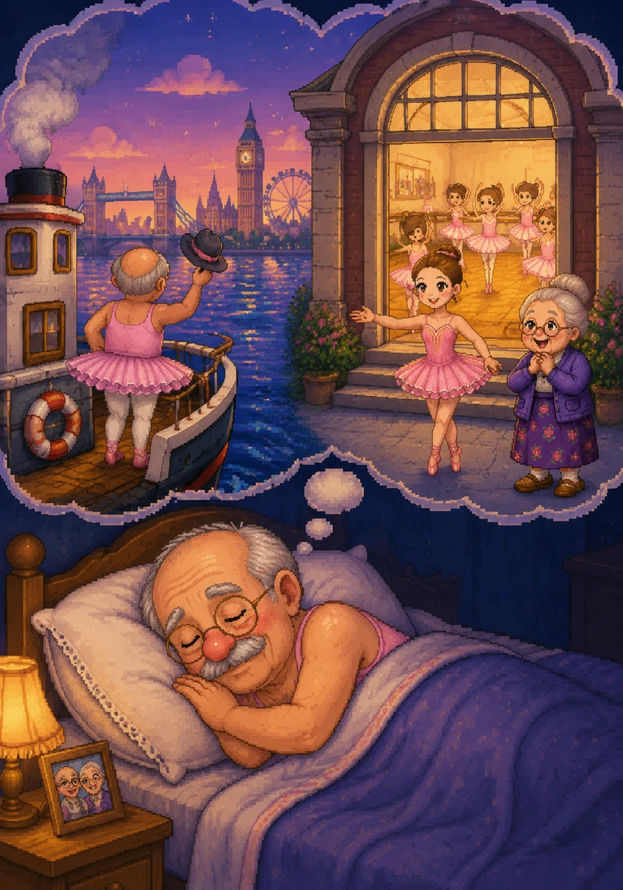 Later that night, Grandad Arthur drifts into a deep sleep, his head resting comfortably on a soft pillow. In his mind, he travels across the sea to London to visit Estelle’s bustling ballet school.