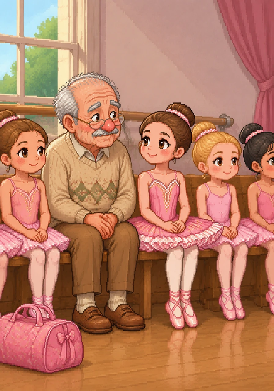 Grandad finds himself sitting on a small wooden bench right next to Estelle and a row of young dancers in pink tutus. He looks quite out of place in his sensible sweater, but he is happy to be there to support her.