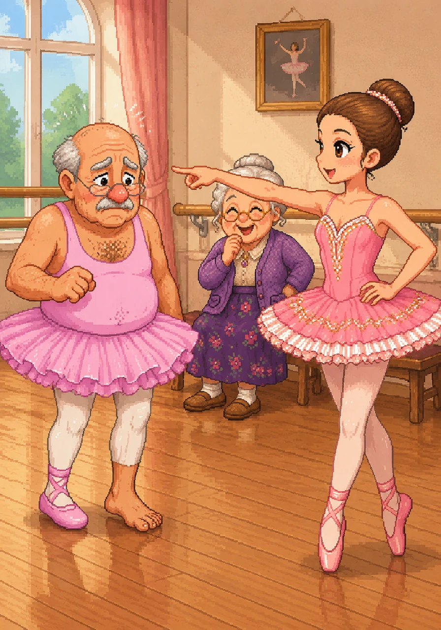 The elegant French ballet teacher points her finger at Grandad and insists that he join the lesson immediately. She says S'il vous plaît with a flourish, leaving him no choice but to stand up and follow her lead.