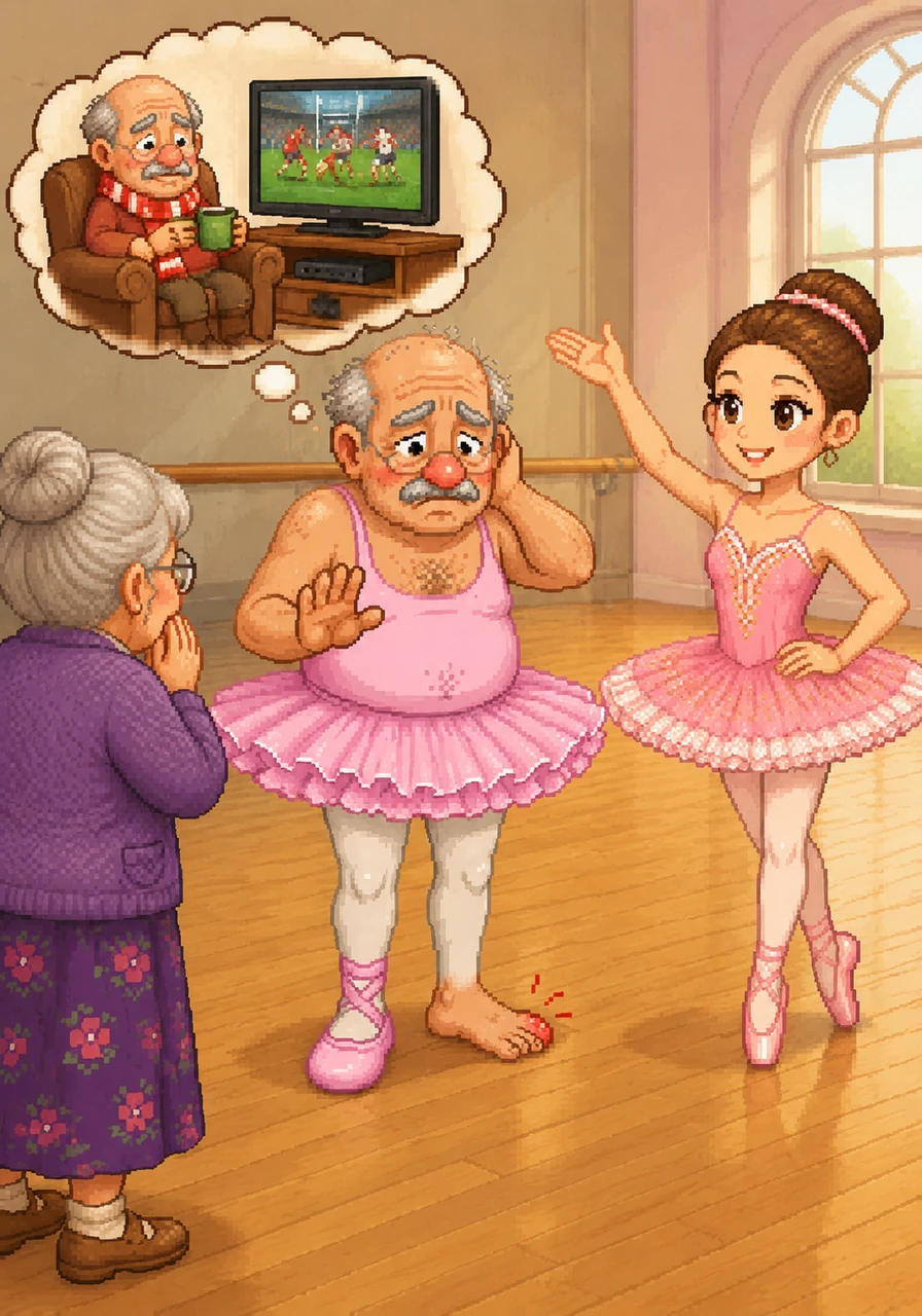 Grandad Arthur looks nervous and thinks to himself that he would much rather be at home watching a rugby match on TV. He tries to explain that dancing isn't really his style, but the teacher simply smiles and waves him forward.