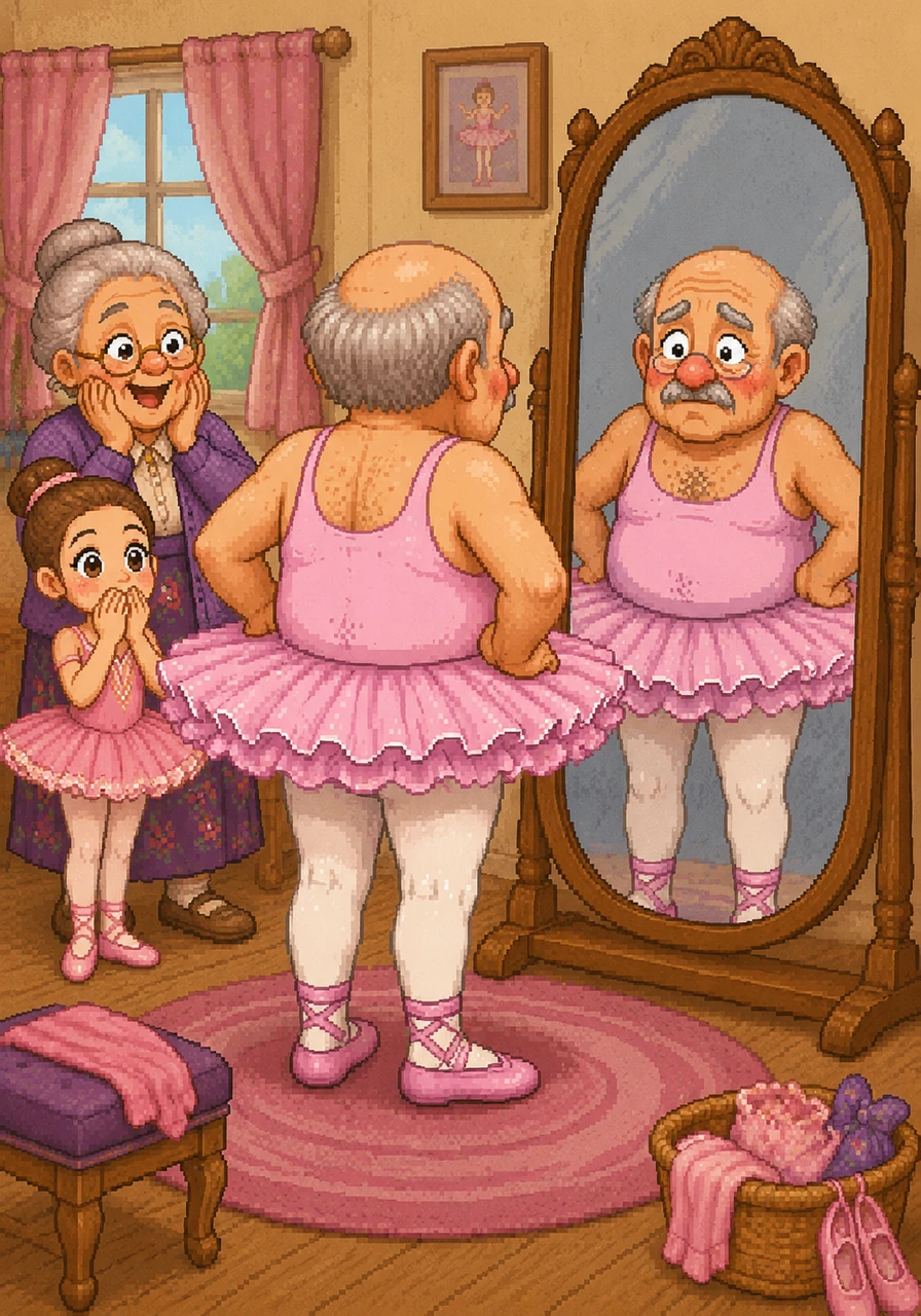 In the blink of an eye, Grandad is suddenly dressed in a fluffy pink tutu and tight white leggings. He looks in the mirror and sees a very funny-looking ballerina staring back at him, feeling both confused and silly.