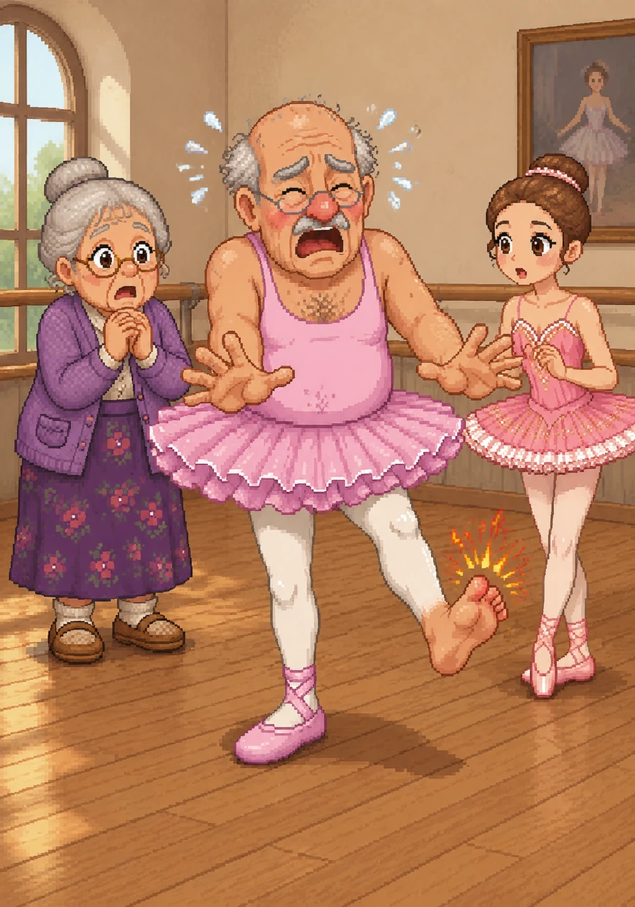 When the teacher commands the class to point their toes, Grandad tries his very best to follow the instructions. Suddenly, a sharp pain shoots through his big toe, making him let out a loud Ouch that echoes through the studio.