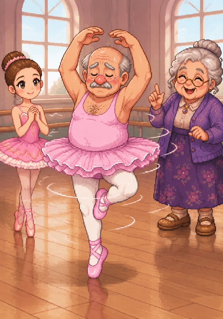 The teacher circles around him, noting that while he lacks a bun on his bald head, his effort is what truly matters. Grandad blushes as he tries to perform a graceful pirouette in the middle of the studio floor.