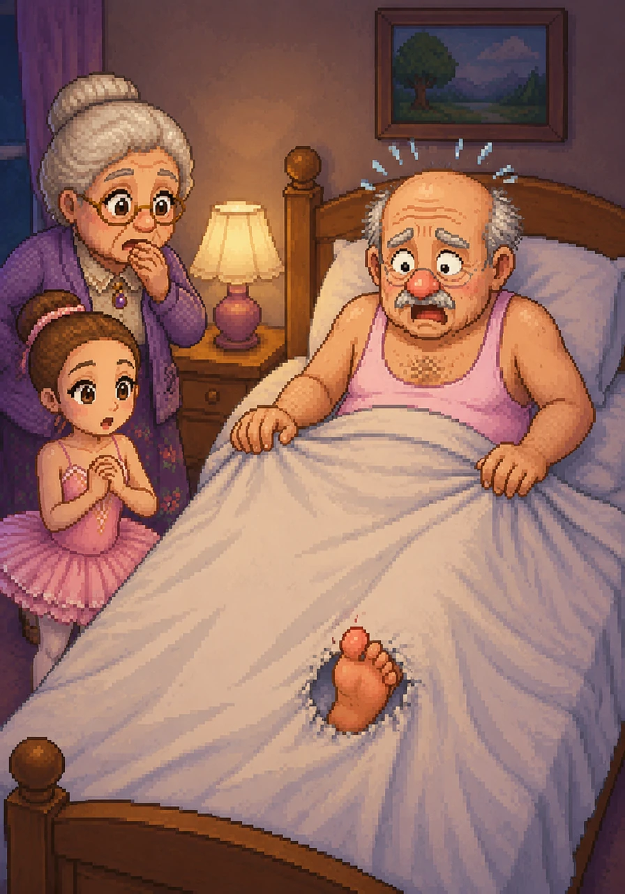 Grandad Arthur suddenly wakes up in his own bed, gasping as he realizes the dancing adventure was just a vivid dream. He looks down and sees his big toe poking through a fresh hole in the bedsheet, wiggling in the cool air.