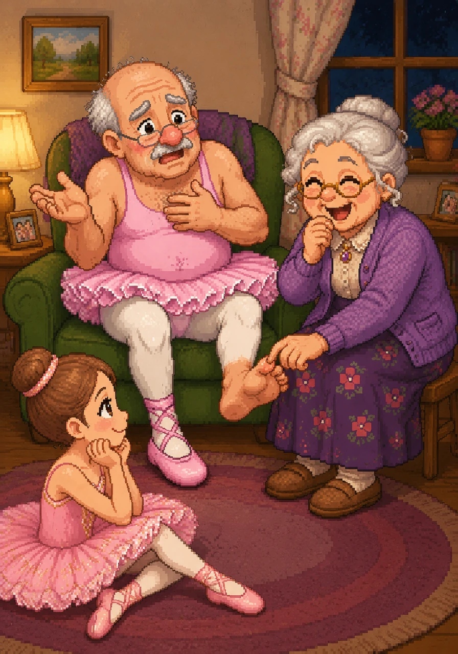 Granny laughs heartily as Grandad tells her about his tutu-wearing nightmare, and she gives his toe a playful wiggle. She jokes that next time he goes to London in his dreams, he should tell the teacher he has gout.