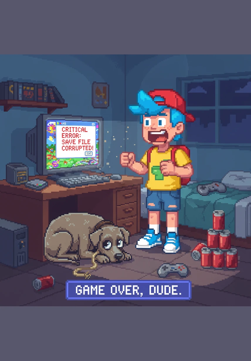 Without warning, the Great Glitch strikes, and every screen in the house turns to a flickering static of black and white. Steve screams at the router, realizing the fanum tax has been paid in full and his digital empire has vanished into thin air.