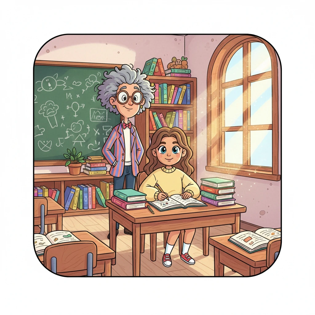 Lily, a bright-eyed student, sits at her desk in a lively classroom, surrounded by colorful books and a quirky teacher at the blackboard. Sunlight streams through a big window, illuminating dust motes dancing in the air. She's eager for a new story, her pencil poised over a fresh notebook.