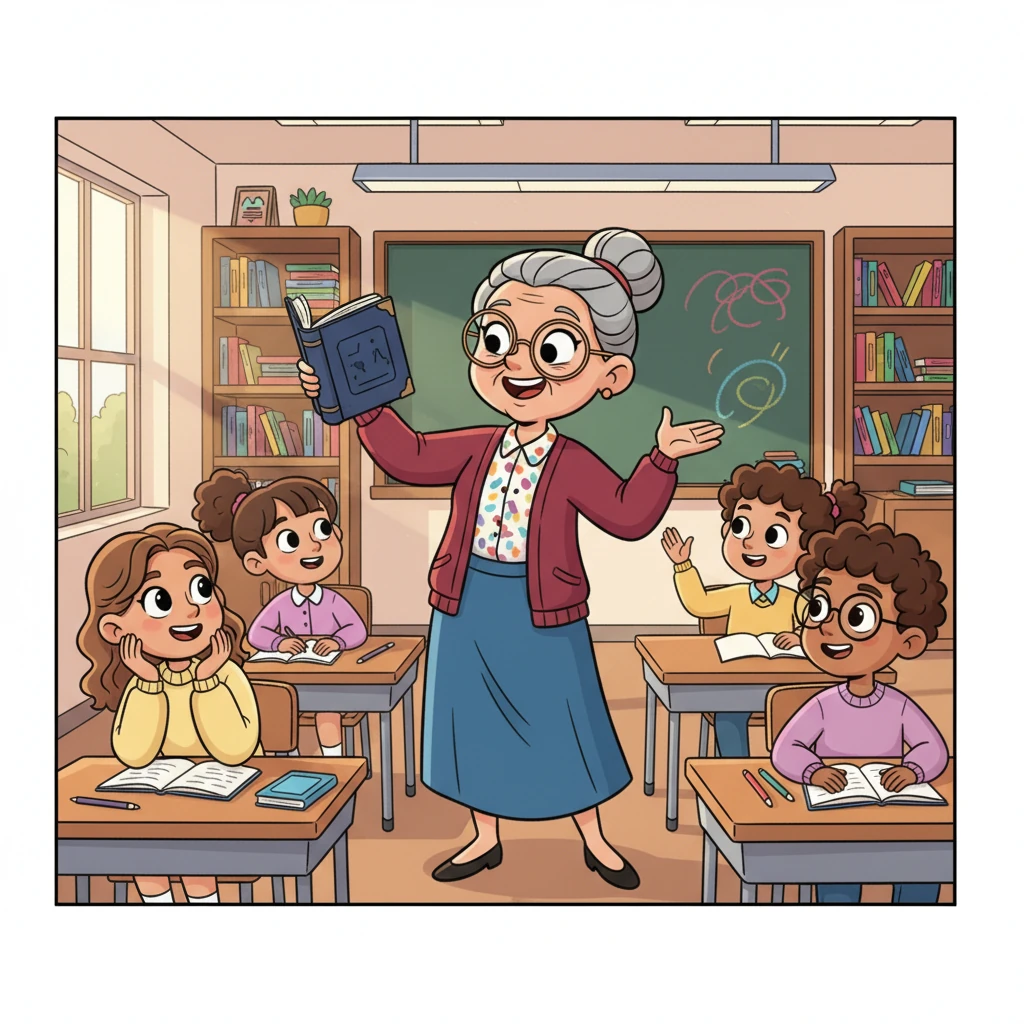 Mrs. Gable, with her spectacles perched on her nose and a mischievous twinkle in her eye, holds up a well-worn copy of a play. 'Today, class,' she announces with a flourish, 'we're diving into 'A Taste of Honey'!' A buzz of curiosity fills the room.