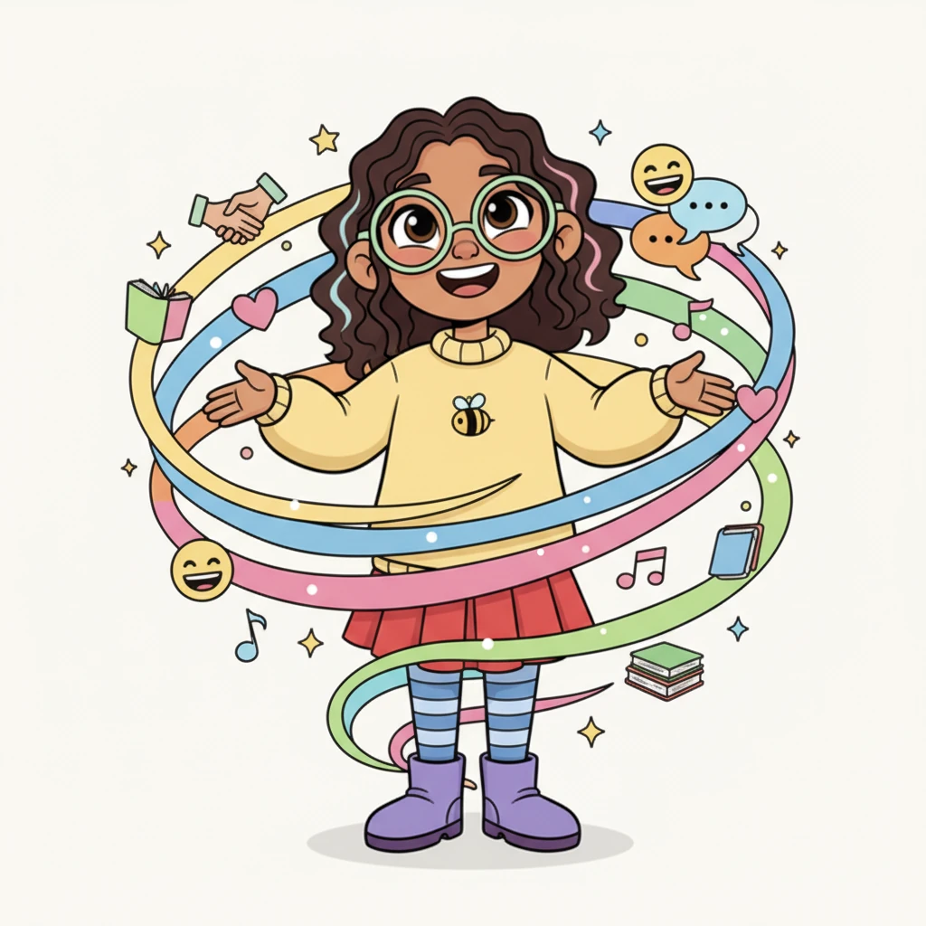 Lily thinks about her own friends and the different ways they support each other, like a colorful tapestry woven with laughter and shared secrets. She understands that 'family' isn't just about who you're related to, but who you choose to love and stand by. A big, happy smile spreads across her face.