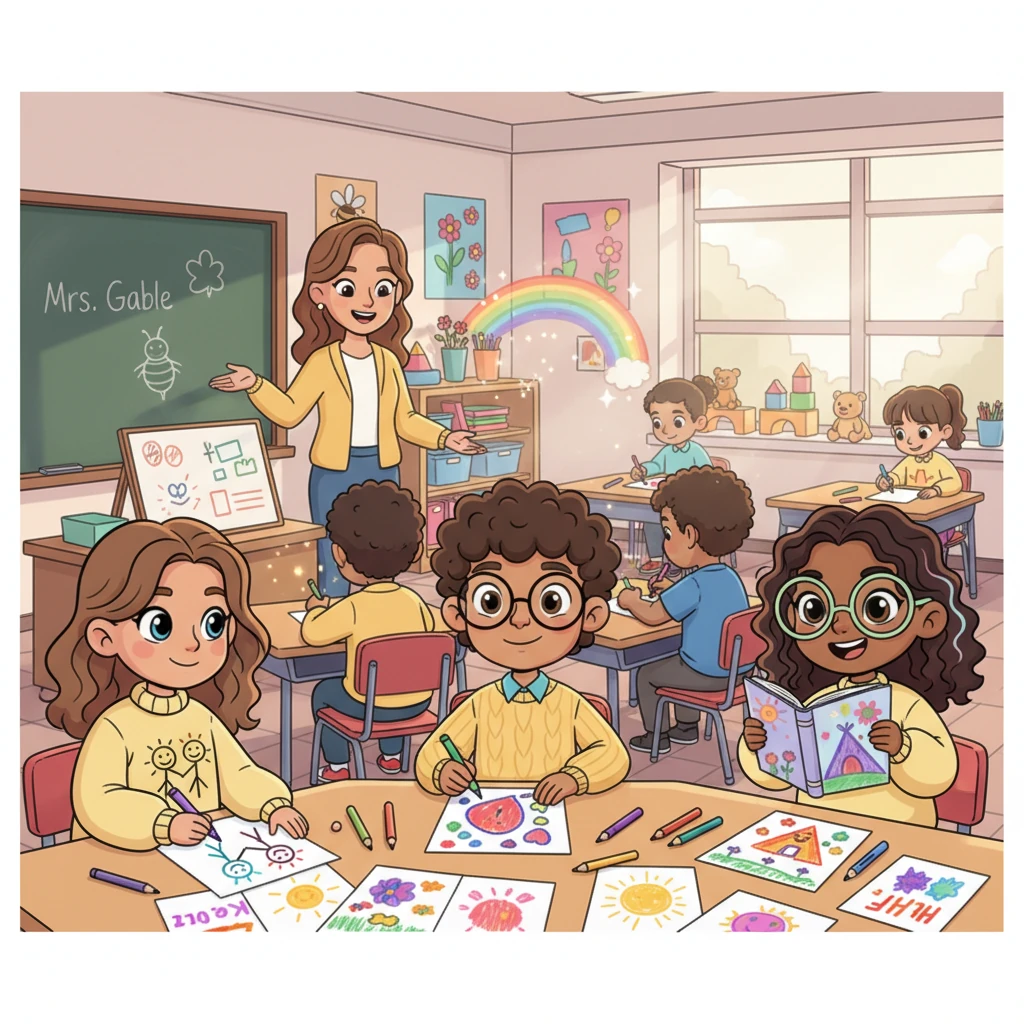 For a class activity, Mrs. Gable asks everyone to draw what 'a taste of honey' means to them. Crayons and markers fly across paper as students illustrate friendships, acts of kindness, and cozy moments. The classroom hums with creative energy, a rainbow of ideas blossoming.