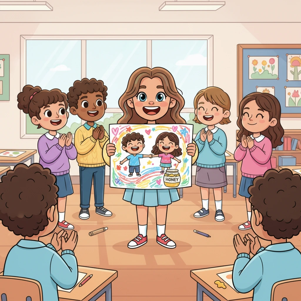 Lily proudly holds up her drawing: a vibrant picture of Jo and Geoffrey sharing a laugh, surrounded by swirling patterns of friendship and hope. She explains how the 'taste of honey' is about finding sweetness and love even in challenging times. Her classmates clap, impressed by her thoughtful insight.