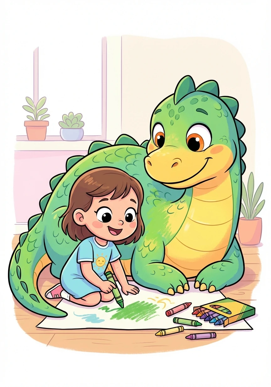 With a box of crayons in hand, Callie began to color a friendly-looking dragon. She carefully chose a vibrant green for its scales and a sunny yellow for its belly.