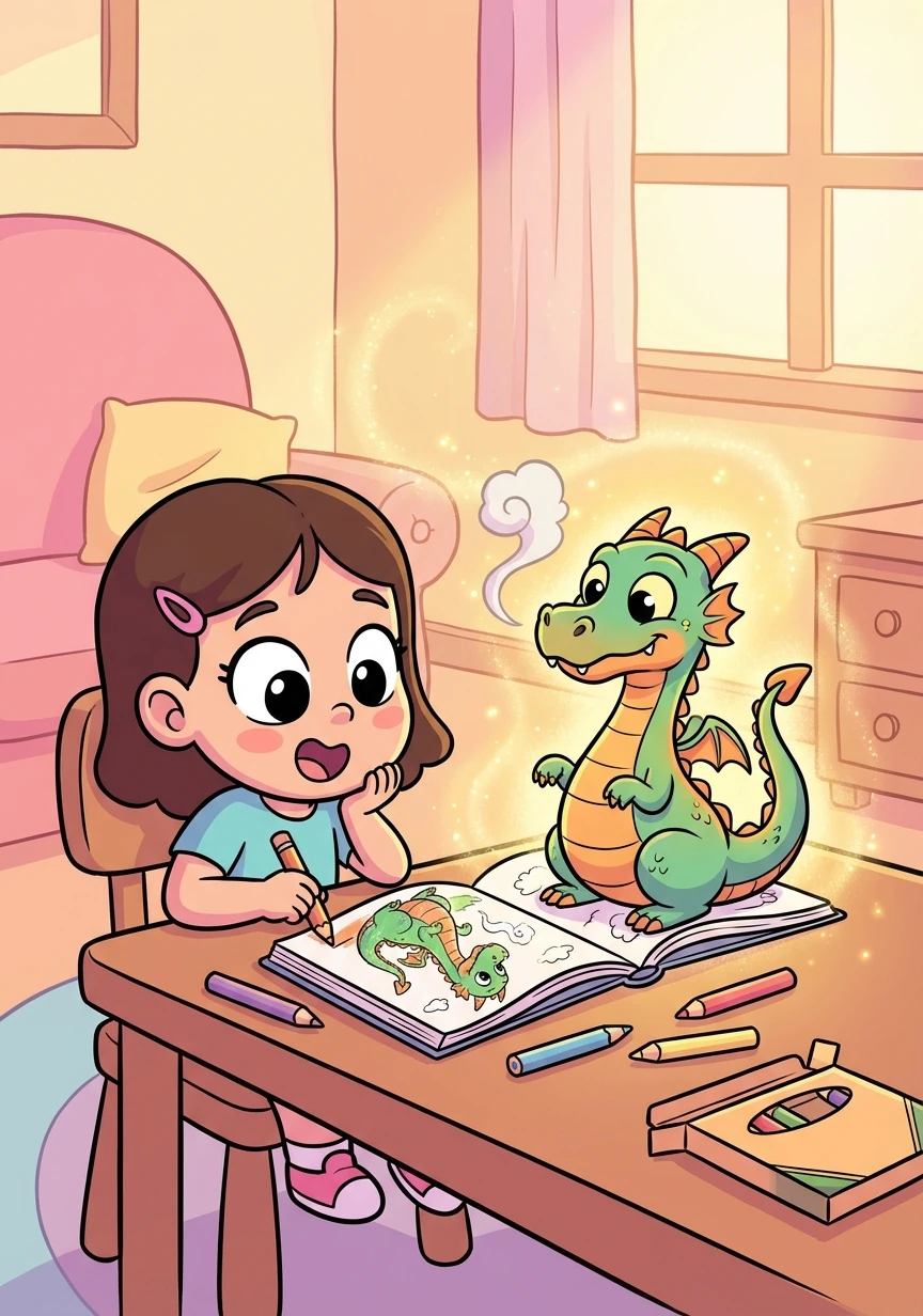 As Callie finished coloring the dragon, a faint shimmer filled the room. The dragon on the page blinked its big, cartoon eyes and let out a tiny puff of smoke.