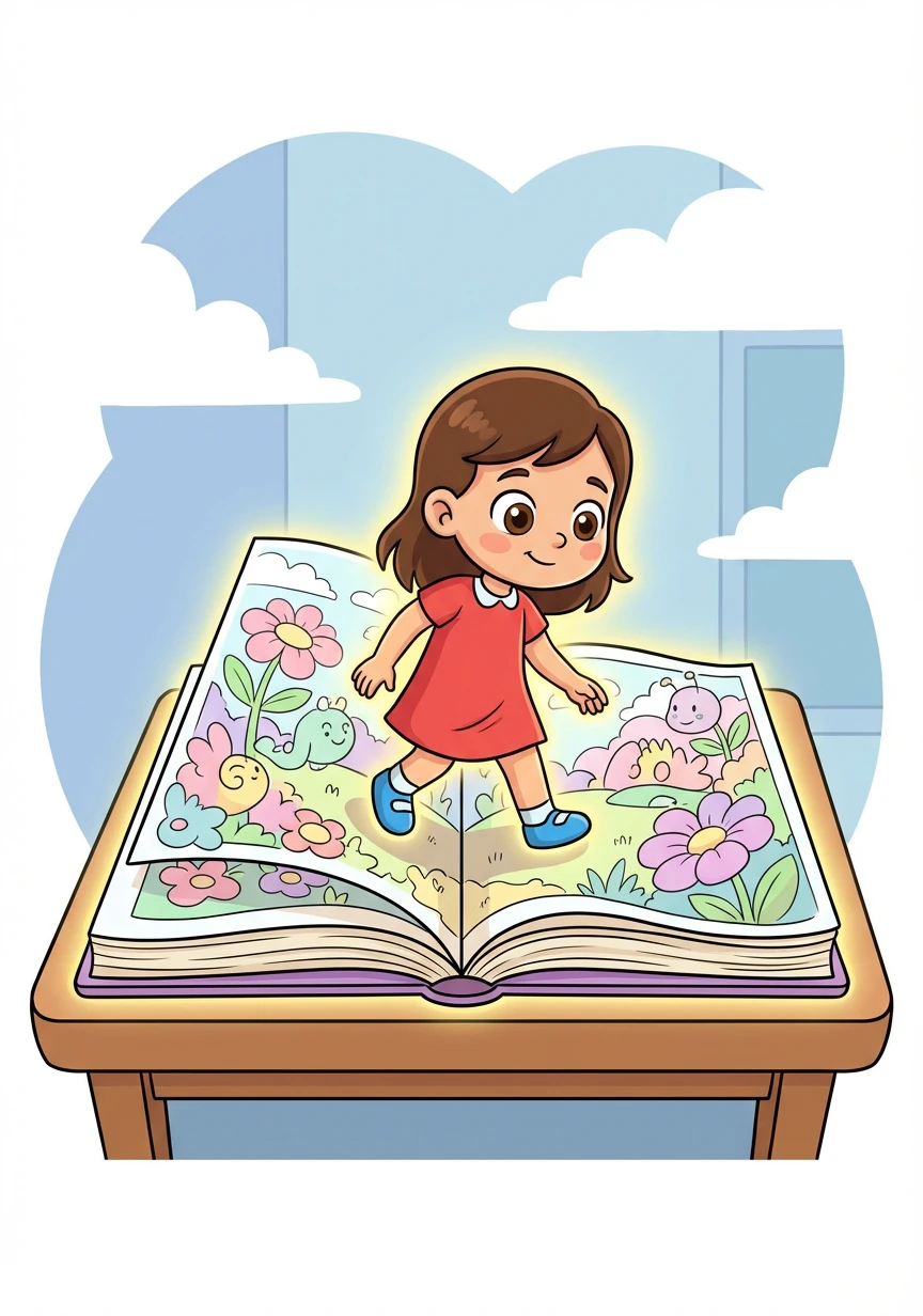 The coloring book began to glow, and Callie felt herself shrinking! Before she knew it, she was standing inside the very world she had been coloring.