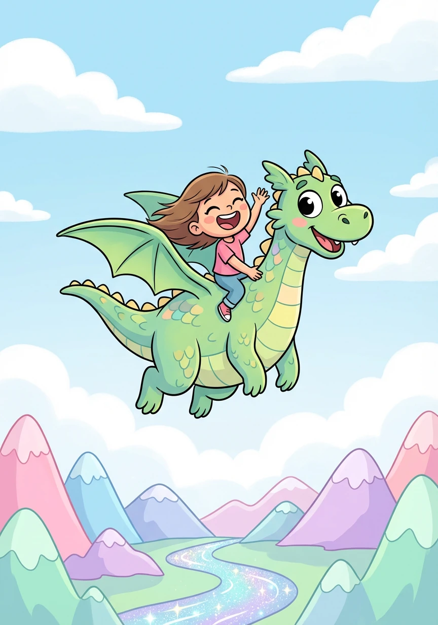 The dragon, whose name was Emerald, offered to take Callie on an adventure. They soared through the sky, over candy-colored mountains and sparkling rivers.