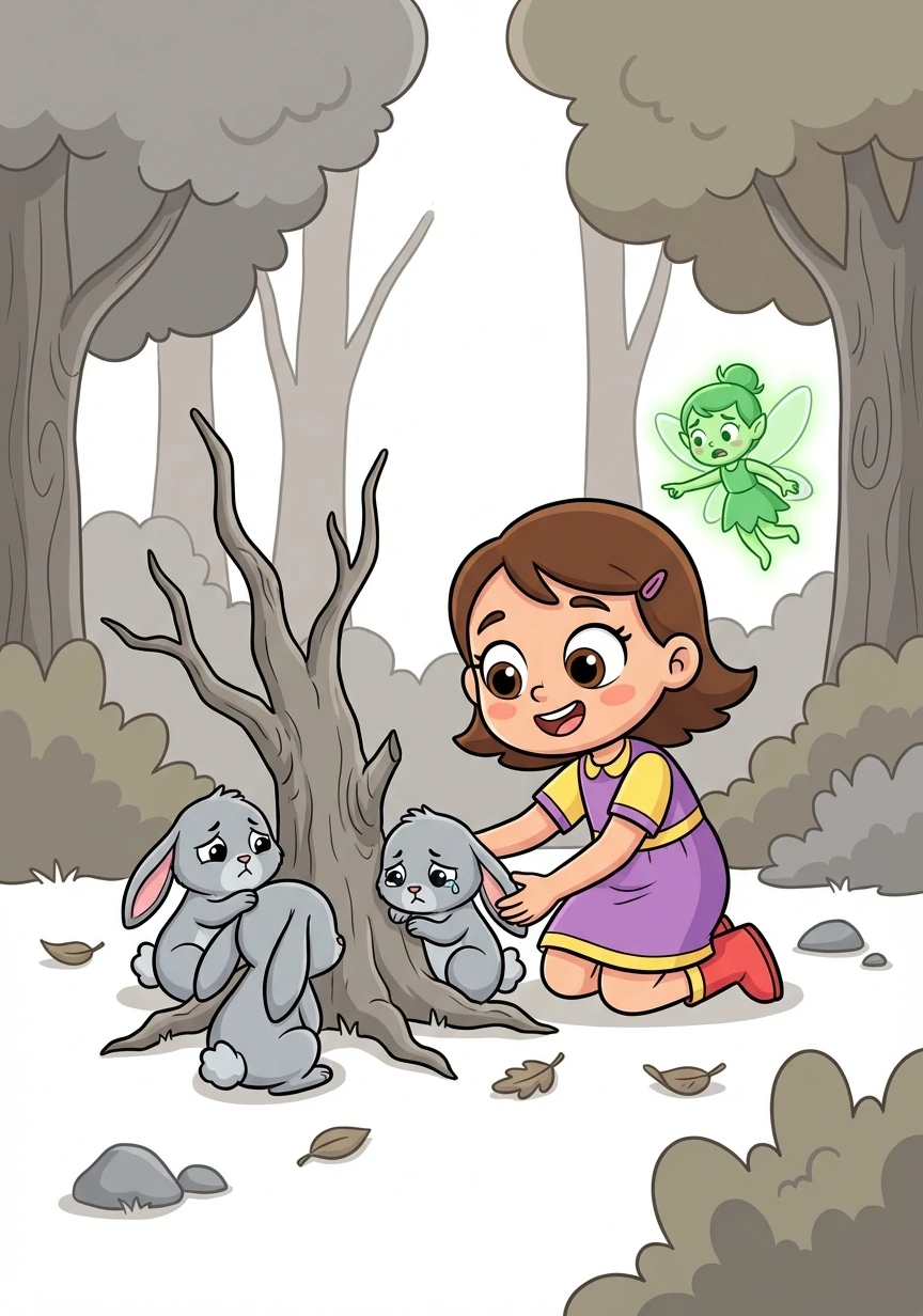 They encountered a group of sad, gray bunnies in a dull, colorless forest. Emerald explained that the forest had lost its color to a grumpy gremlin.