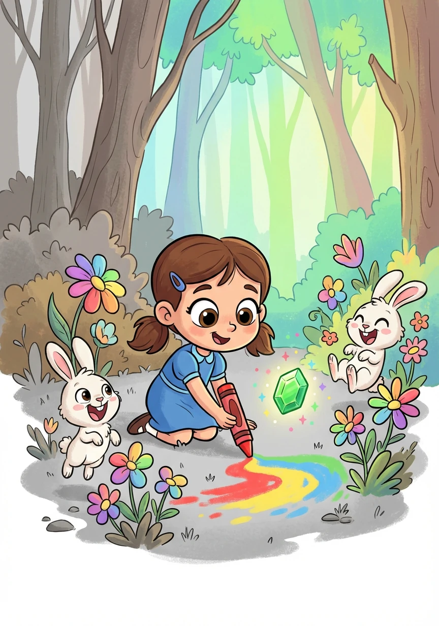 Callie, with Emerald's help, used her crayons to bring color back to the forest. Flowers bloomed in vibrant hues, and the bunnies hopped with joy.