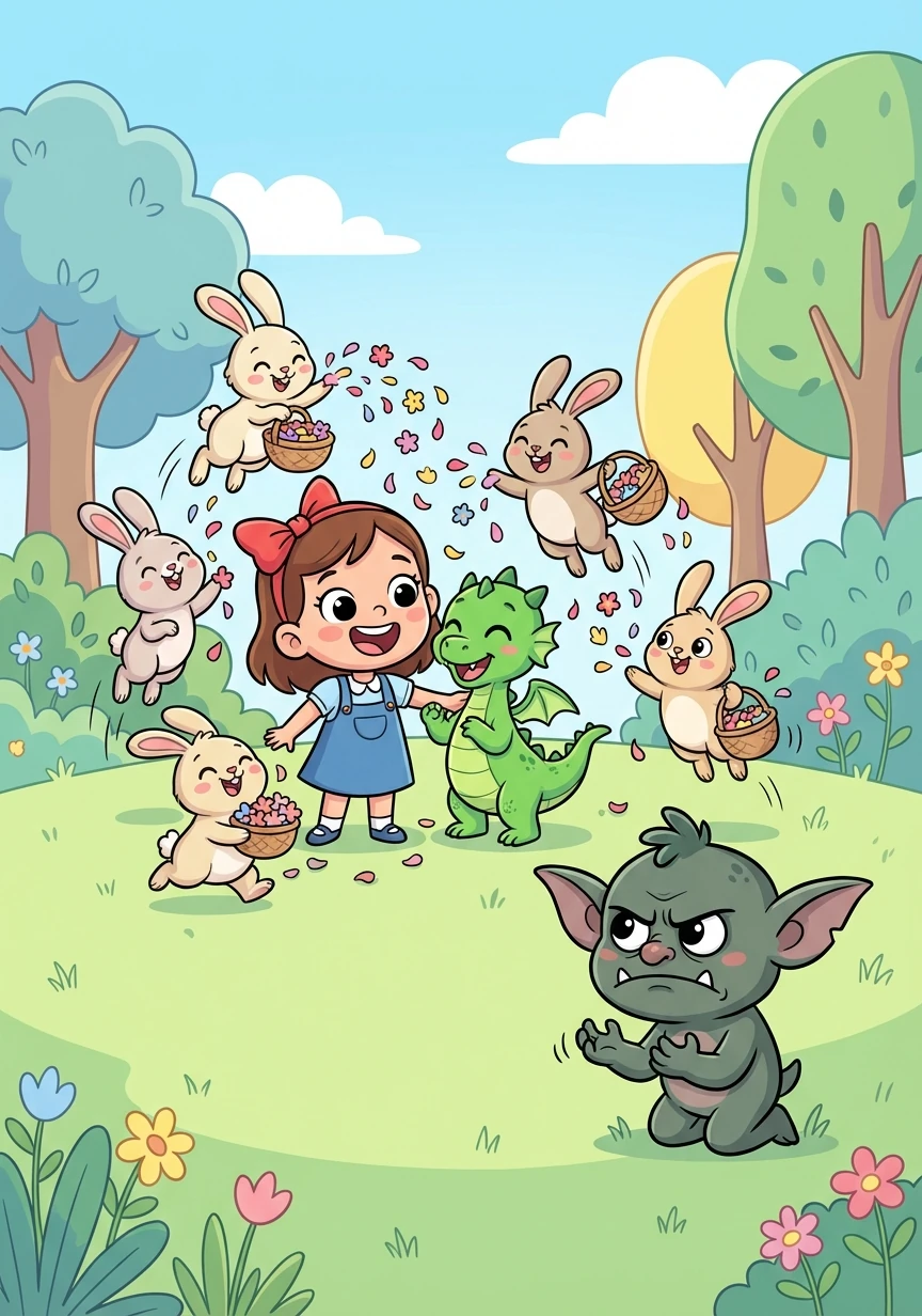 The grateful bunnies showered Callie and Emerald with flower petals. The grumpy gremlin, touched by the beauty, apologized and promised to be kinder.