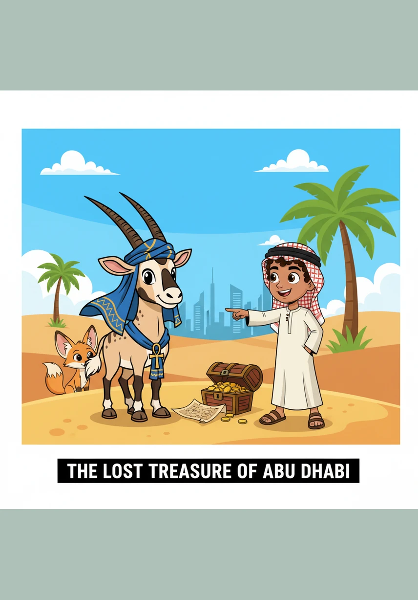 High above the golden dunes of Abu Dhabi, the sun shone like a giant coin in a crystal-blue sky. This was the home of Odie, an Arabian Oryx with fur as white as a cloud and long, magnificent horns as straight as spears.