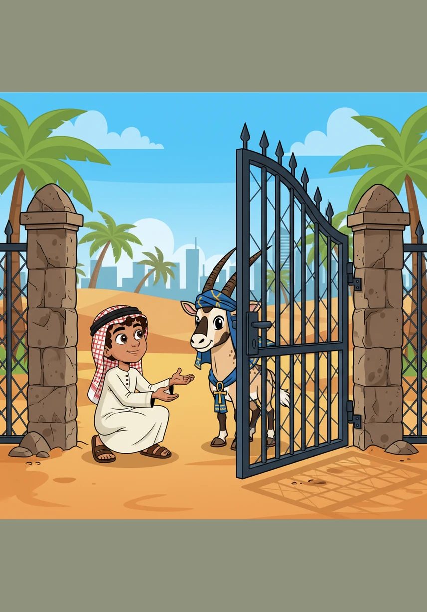 Hamad found the heavy metal gate used by the park rangers. With a loud, echoing creak, he pushed it wide open. He then stepped back and crouched down, making himself look small to show Odie that he was a friend.