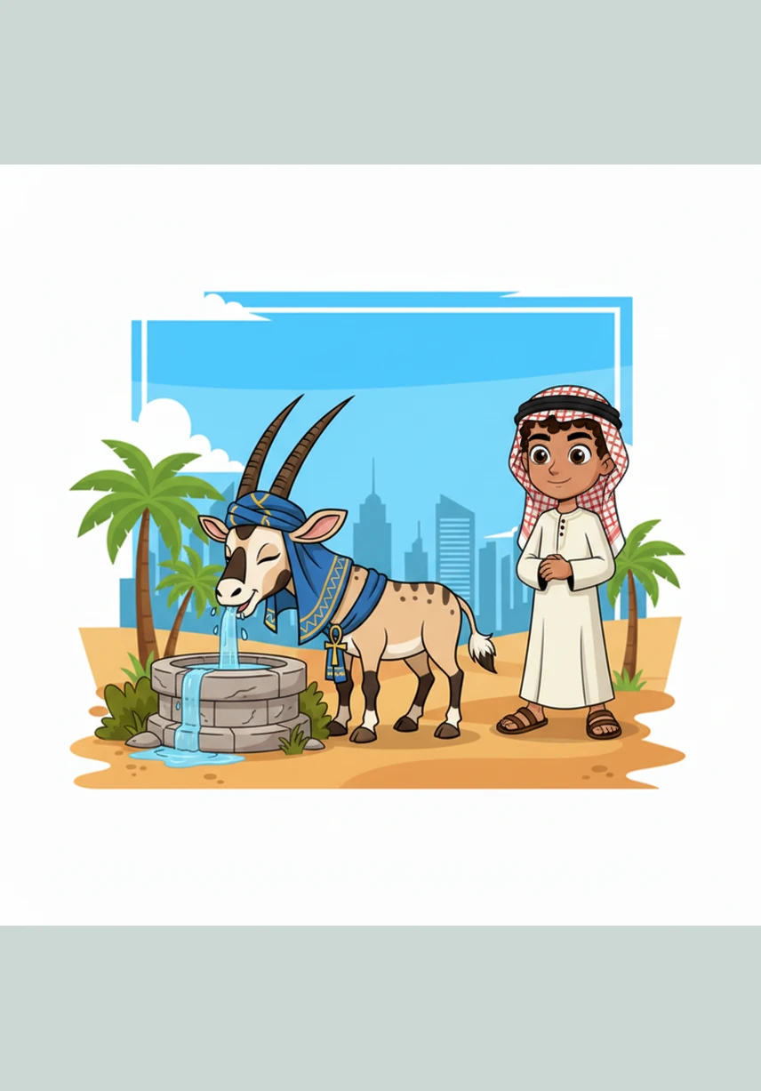 Odie looked at Hamad with his big, kind eyes and sensed the boy's goodness. He took a brave step, then another, walking right past his new friend toward the hidden water well where he finally took a long, cool drink.