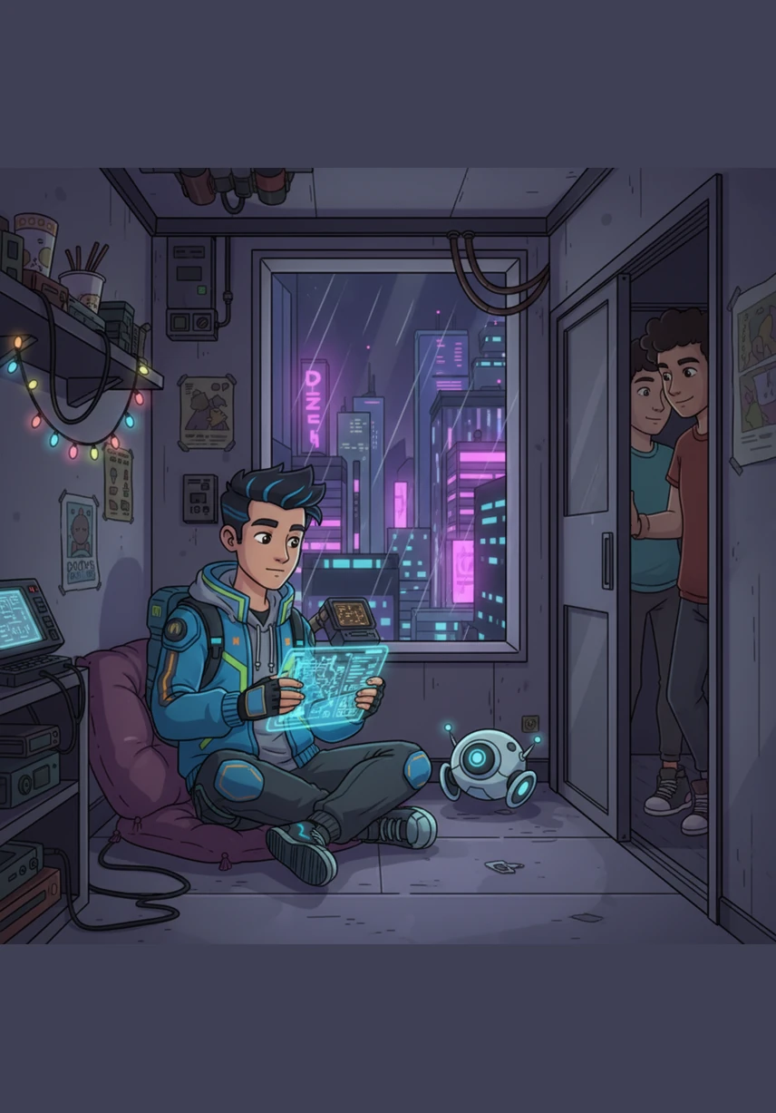 Once the hallway falls silent and his friends head out, Shaadiq breathes a deep sigh of relief and locks his door. He embraces the peaceful atmosphere of his small sanctuary, quickly changing into his most comfortable oversized hoodie.