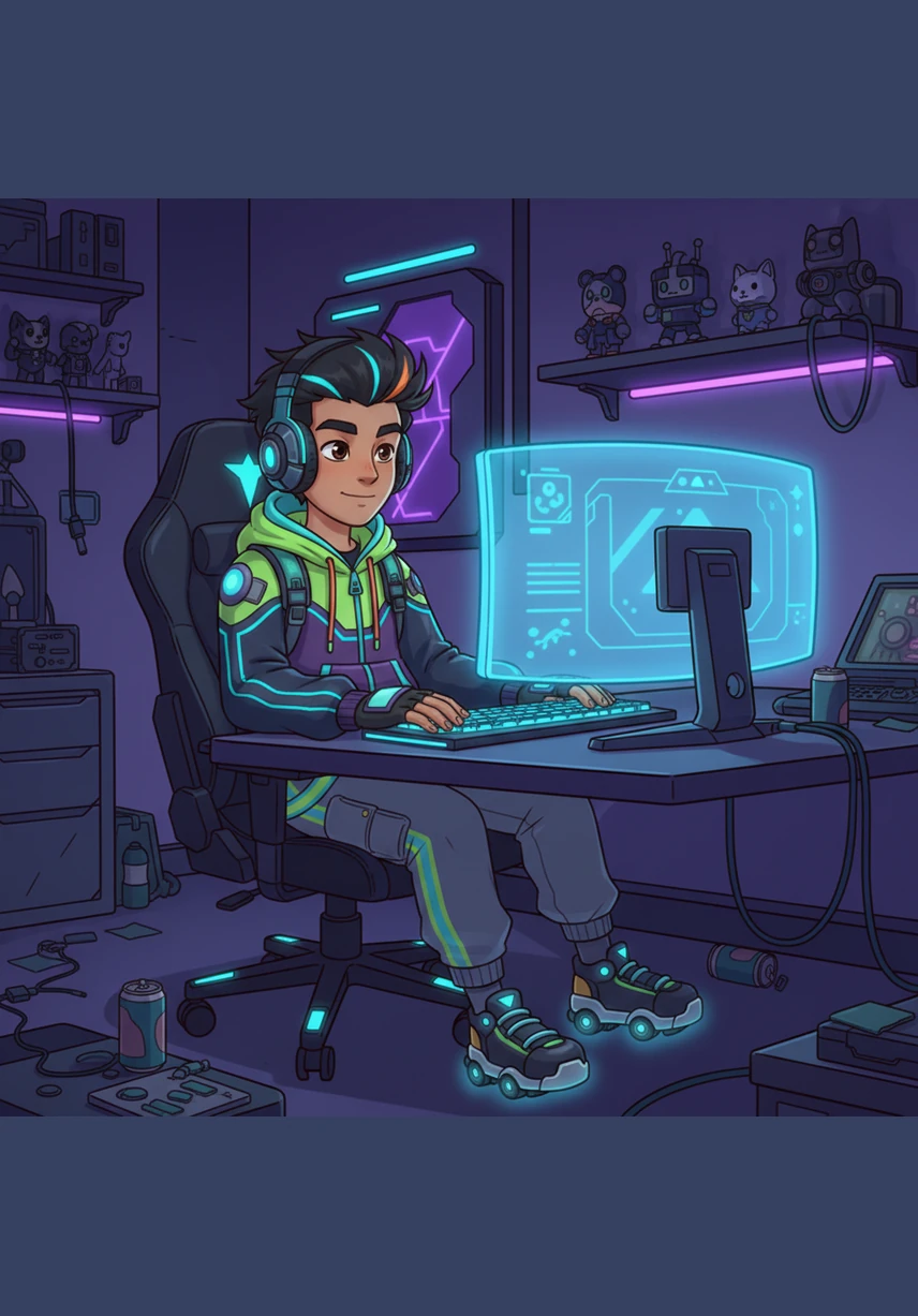 With a familiar mechanical hum, Shaadiq’s high-end gaming computer comes to life, illuminating his face with a soft, vibrant blue light. He puts on his noise-canceling headset, feeling the stress of the university day melt away as his favorite game begins to load.