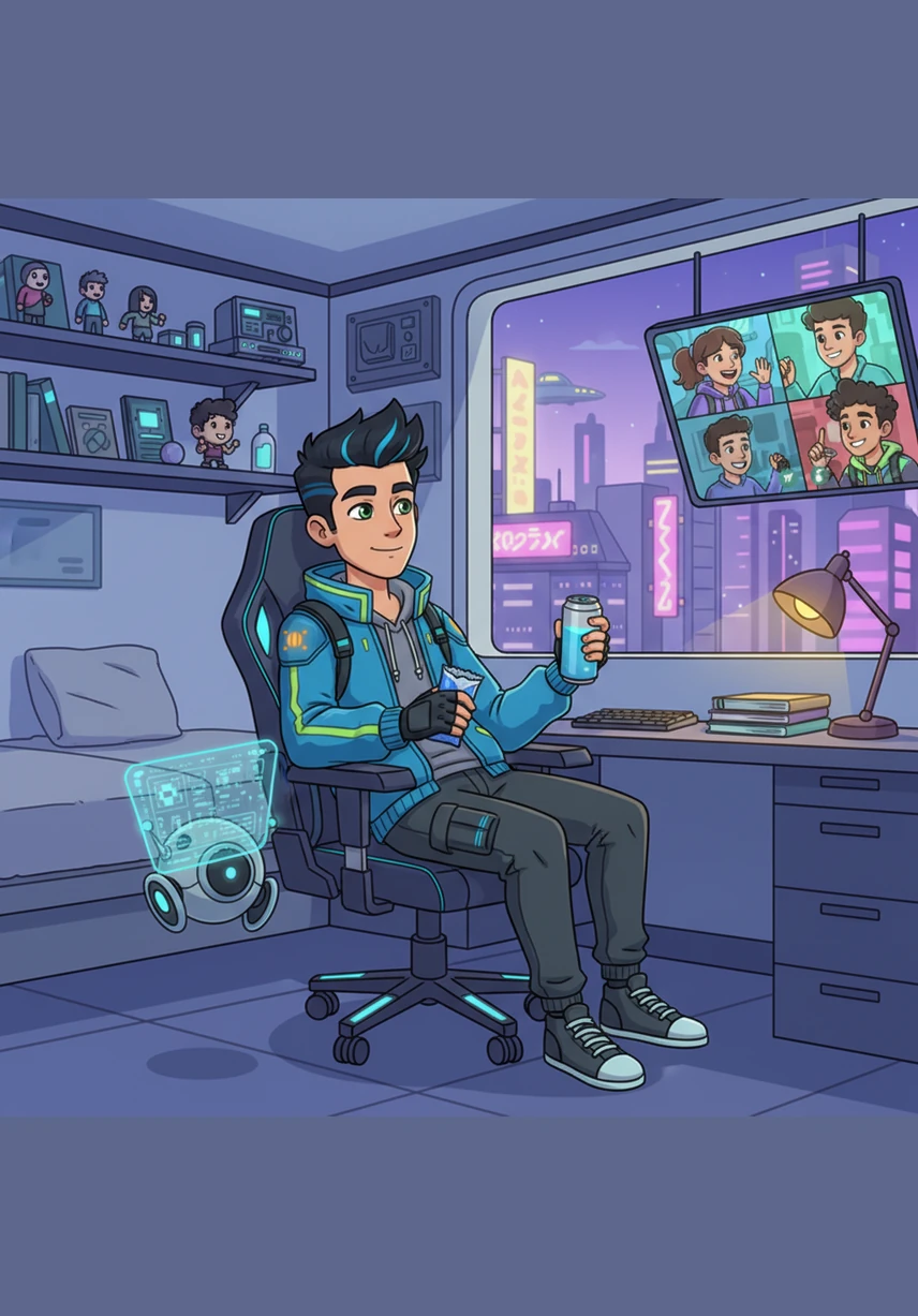 During a short break between levels, Shaadiq leans back in his chair to enjoy a simple snack and a cold drink. He looks around his cozy room and realizes that being alone doesn't mean being lonely; it is his essential way of recharging his social battery.