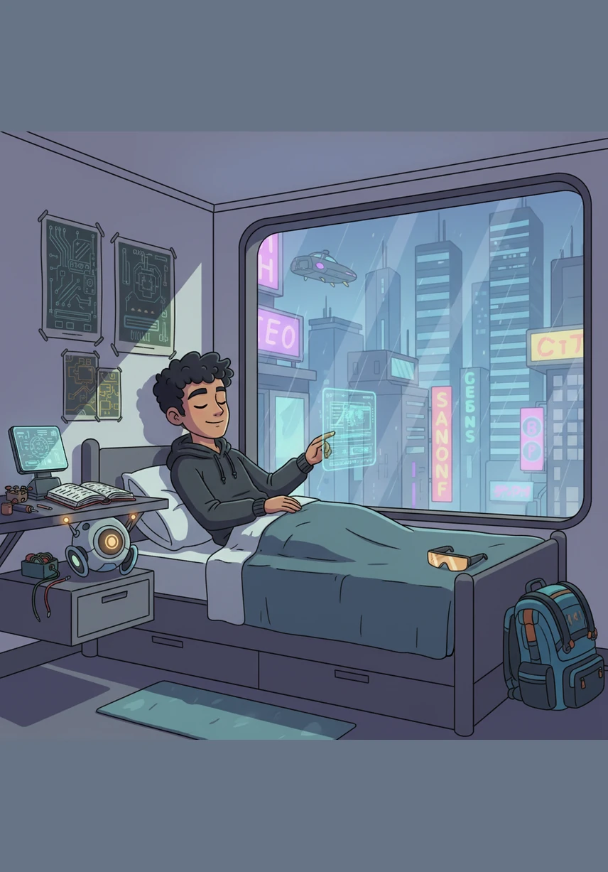 Shaadiq tucks himself into bed, feeling mentally refreshed and ready to tackle another challenging day of engineering at ITPLN. He drifts off to sleep with a peaceful smile, knowing that his quiet digital sanctuary will always be there to welcome him back.