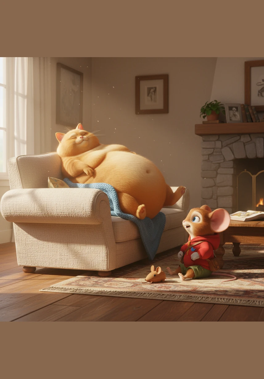 In a sunlit, cozy living room, a very plump cat named Billo lounged on a velvet cushion. She wore a smug expression, believing she was the undisputed queen of the entire house because of her size.