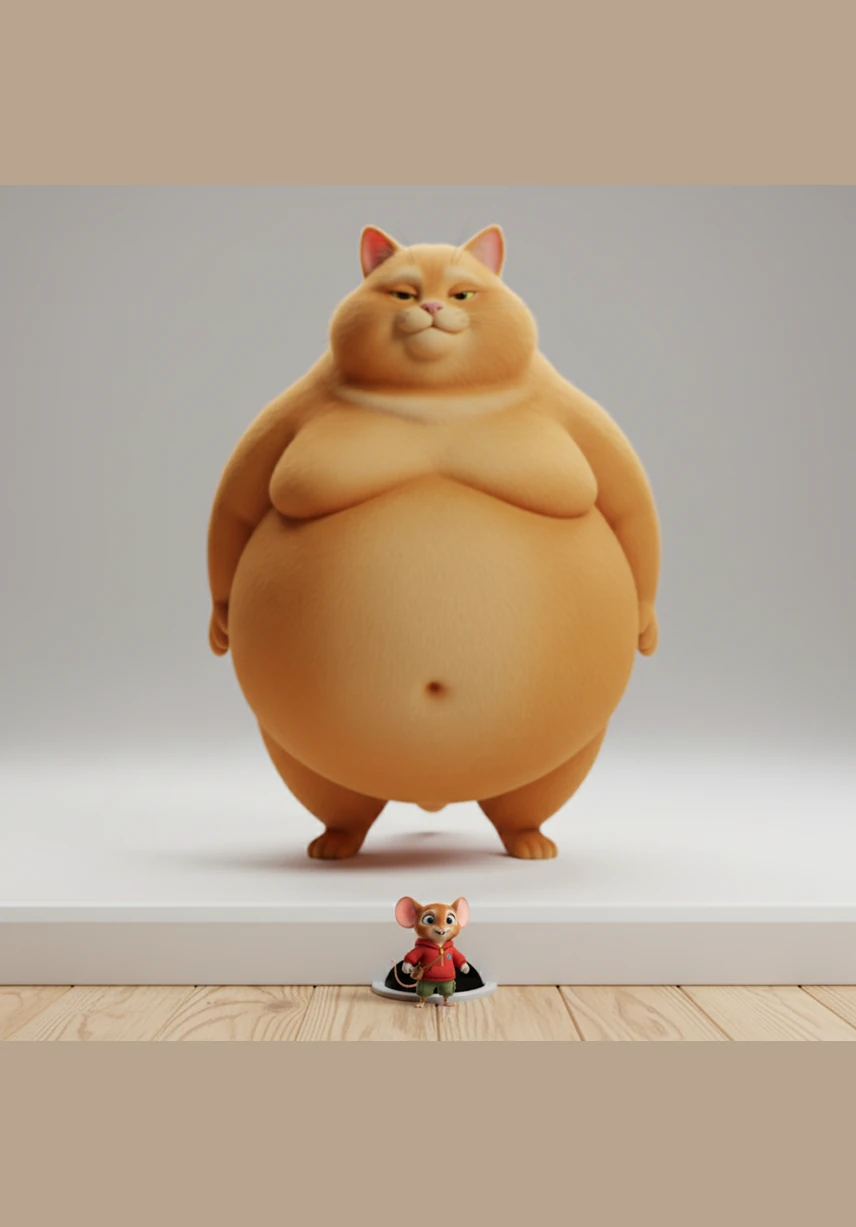 Not far away, a tiny mouse named Chintu peeked out from a small hole in the baseboard. Though he was small, his bright eyes sparkled with mischief and sharp intelligence as he watched the cat.