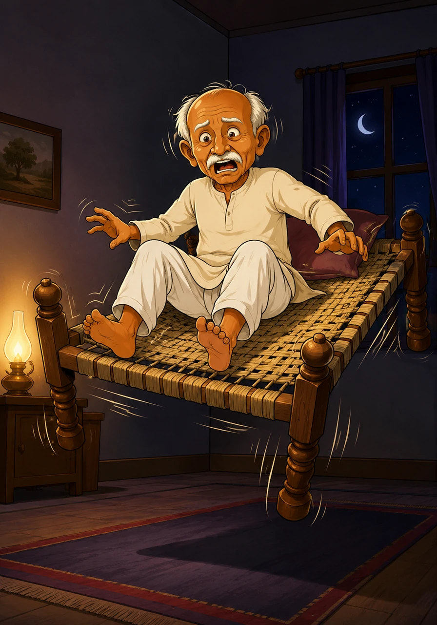 As the night deepened, the old bed suddenly began to sway and vibrate beneath him. What started as a gentle wobble quickly turned into a wild, rhythmic shaking, and before Dada could even gasp, the charpoy lifted completely off the bedroom floor.