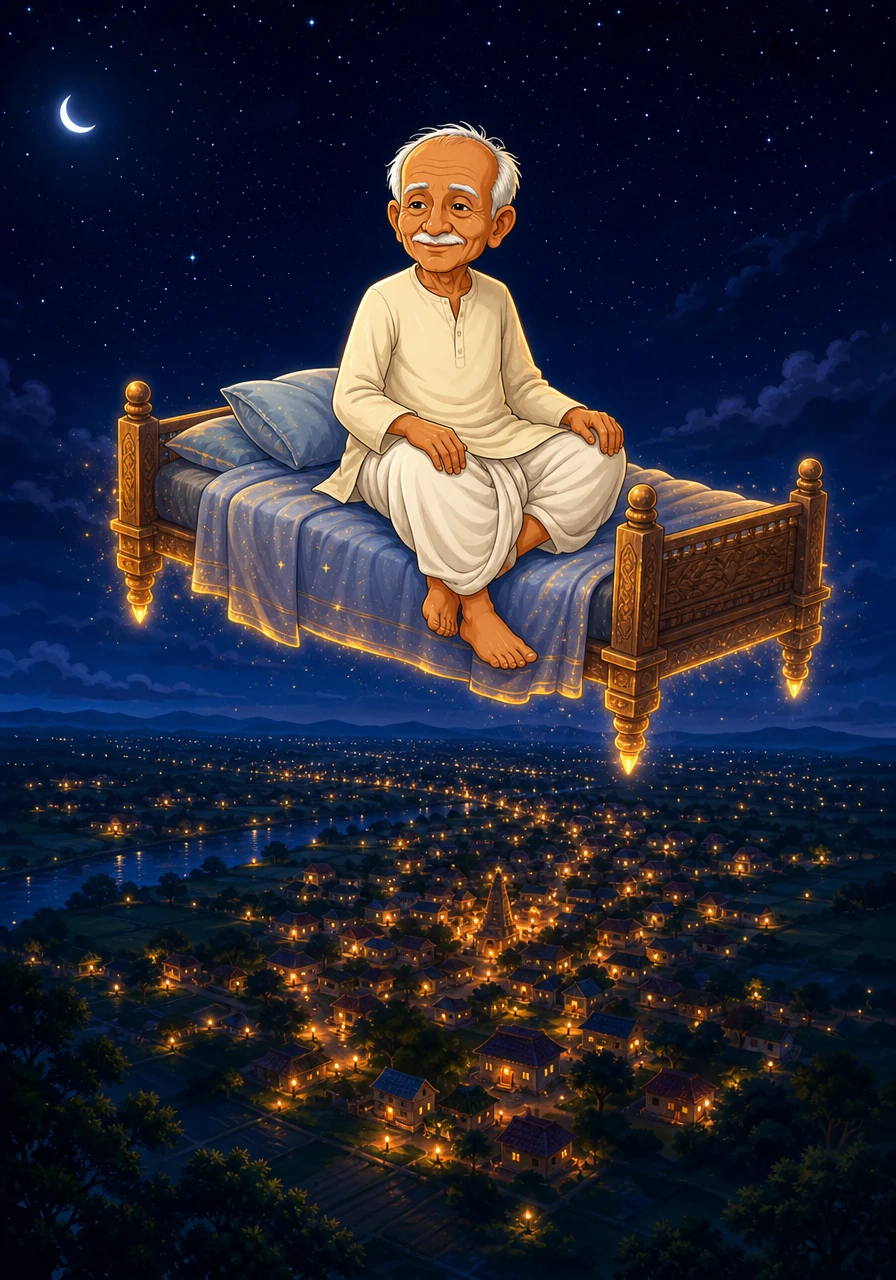 Instead of panicking, Dada calmly closed his eyes as the magical bed floated right through the ceiling and soared into the cool night air. When he opened his eyes, the entire village below looked like a scattering of tiny, twinkling oil lamps under a vast velvet shroud.