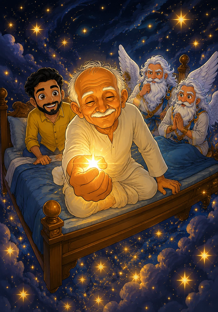 The bed climbed so high into the atmosphere that the glittering stars felt close enough to touch. Dada reached out his weathered hand and gently closed his fingers around a brilliant, glowing star, holding its warm light right in his fist.