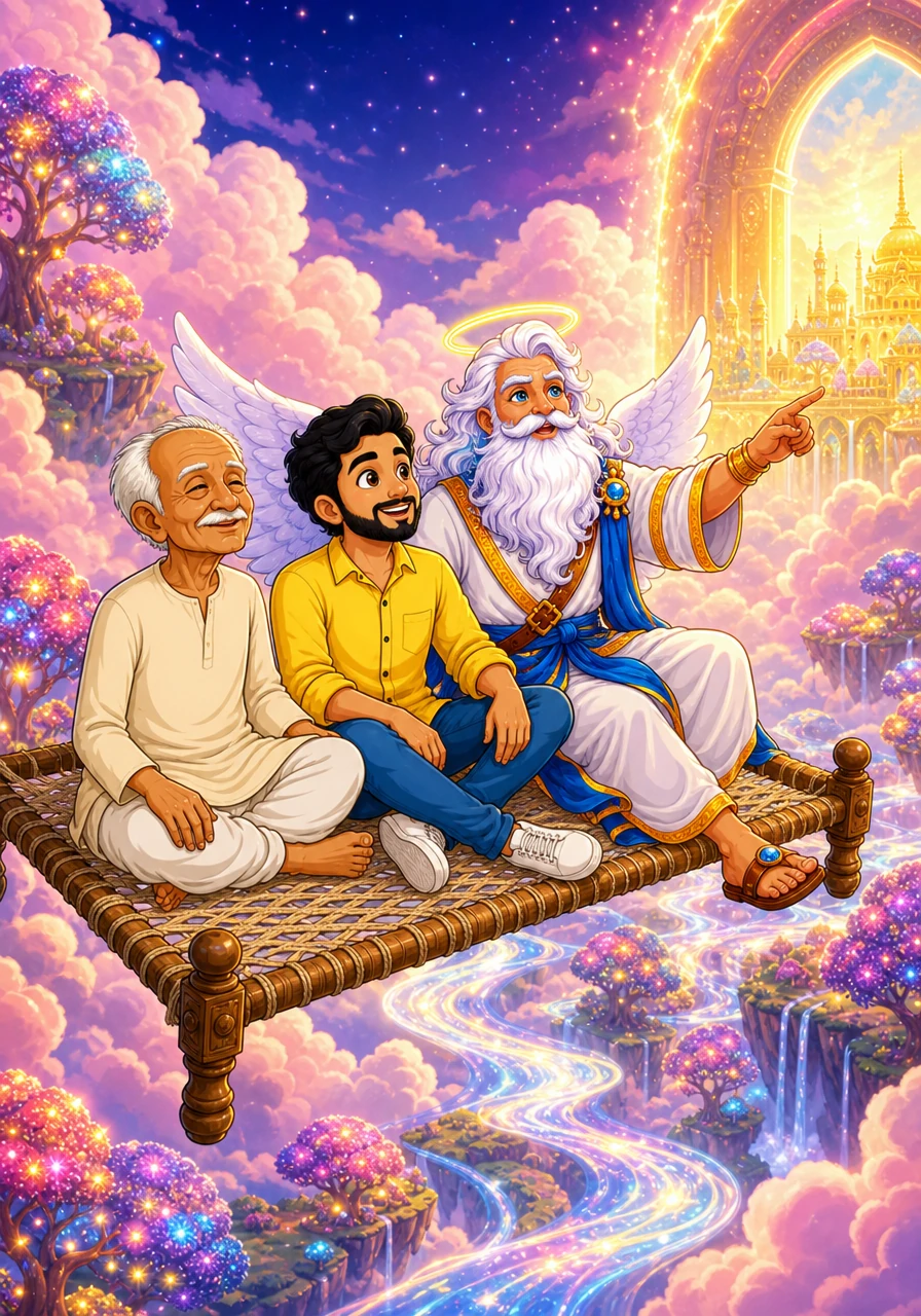 The charpoy steered toward a strange, ethereal glow, passing through a mystical boundary into a wondrous realm where the clouds were as soft and pink as spun cotton candy. Below them, vibrant rivers shined like liquid silver, and the trees blossomed with colorful, glowing lights instead of ordinary flowers.