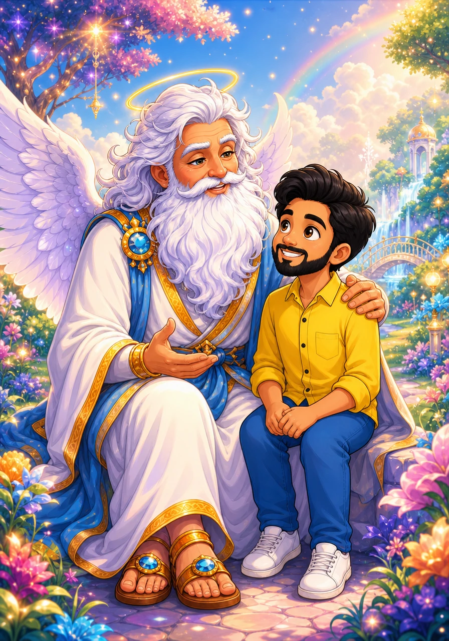 In the center of this magical wonderland sat a wise, elderly angel with shimmering wings and a serene smile. He welcomed Dada warmly, explaining that the old bed had brought him here because Dada's heart was pure and his dreams were always filled with wishes for other people.
