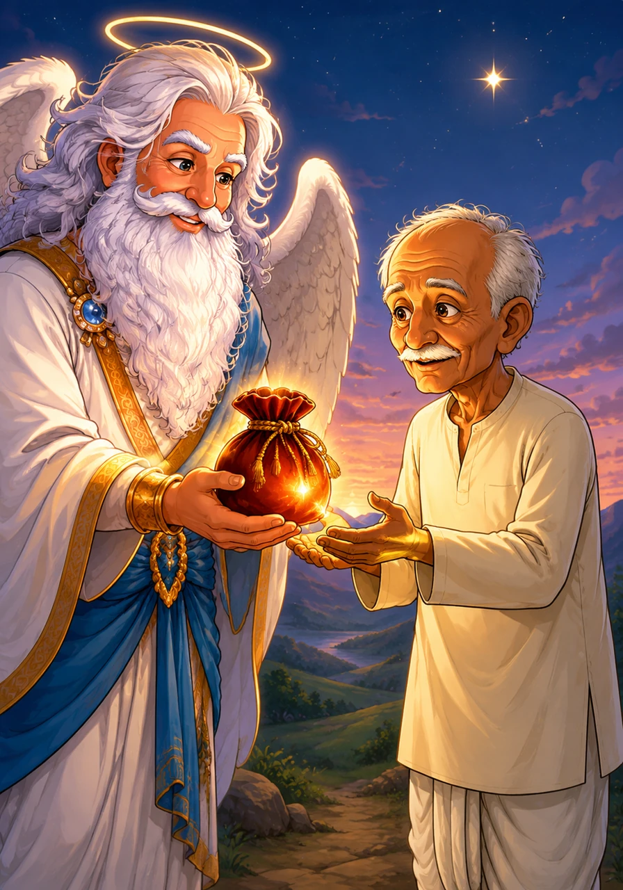 The angel handed Dada a beautiful, glowing velvet pouch, its light pulsing softly in the crisp air. When Dada softly asked what was inside, the angel replied that it contained the very blessings Dada had never asked for, but truly deserved.