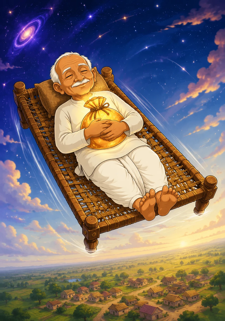 With the precious gift safely in hand, Dada lay back down and closed his eyes as the faithful charpoy turned around and glided back toward the earth. The magical world faded away, replaced by the familiar, soothing breeze of his home village.