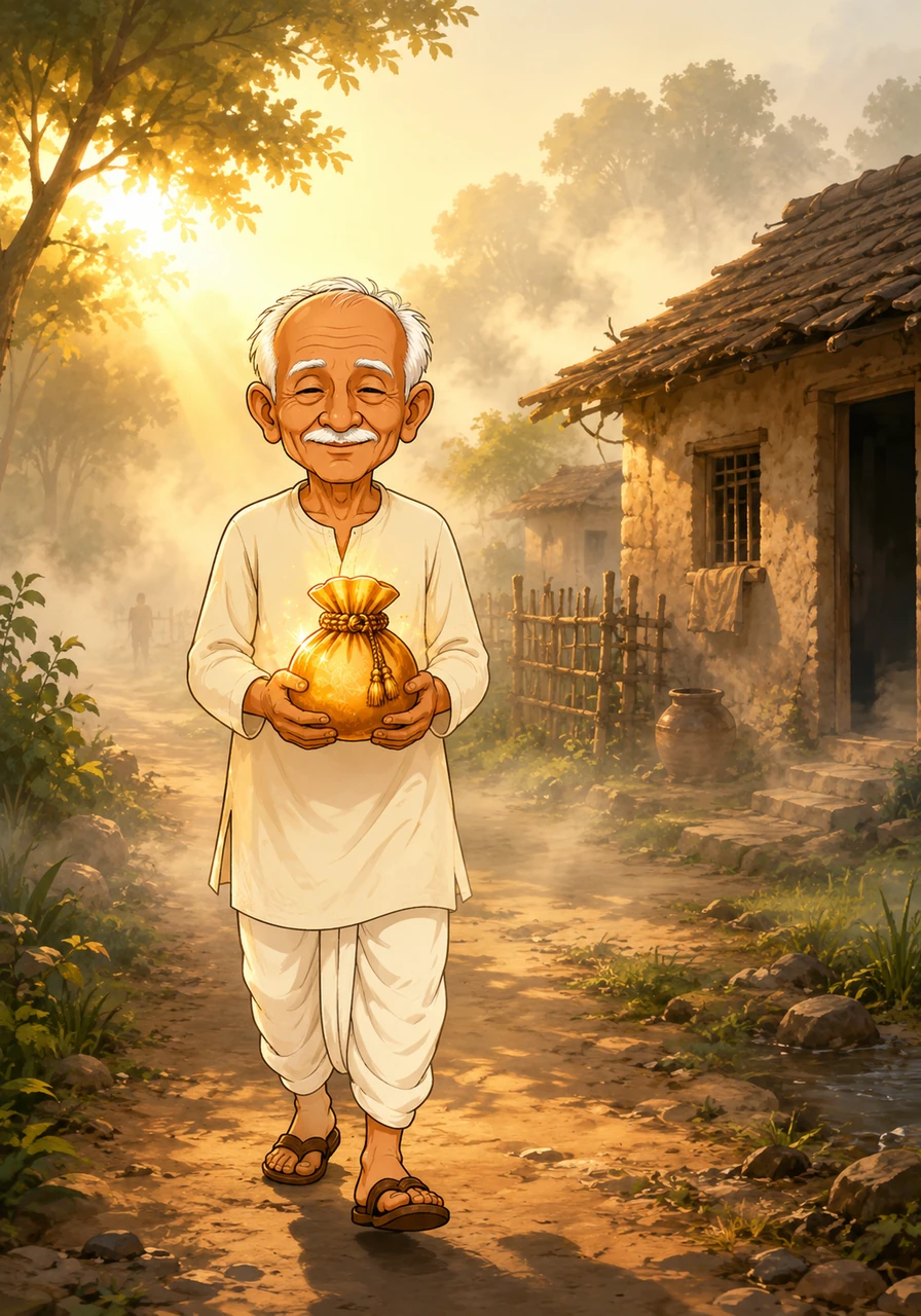 The next morning, the bright sunlight woke Dada up, and he immediately noticed the glowing pouch resting safely beneath his creaky bed. Smiling softly, he picked it up and quietly walked through the morning mist toward the poorest home in the village to share his fortune.